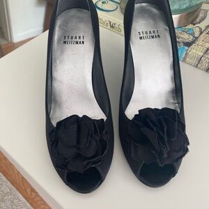 Stuart Weitzman Black Floral Peep Toe Heels